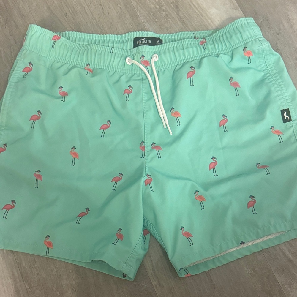 Hollister Men's Aqua Swim Trunks with Flamingo Design